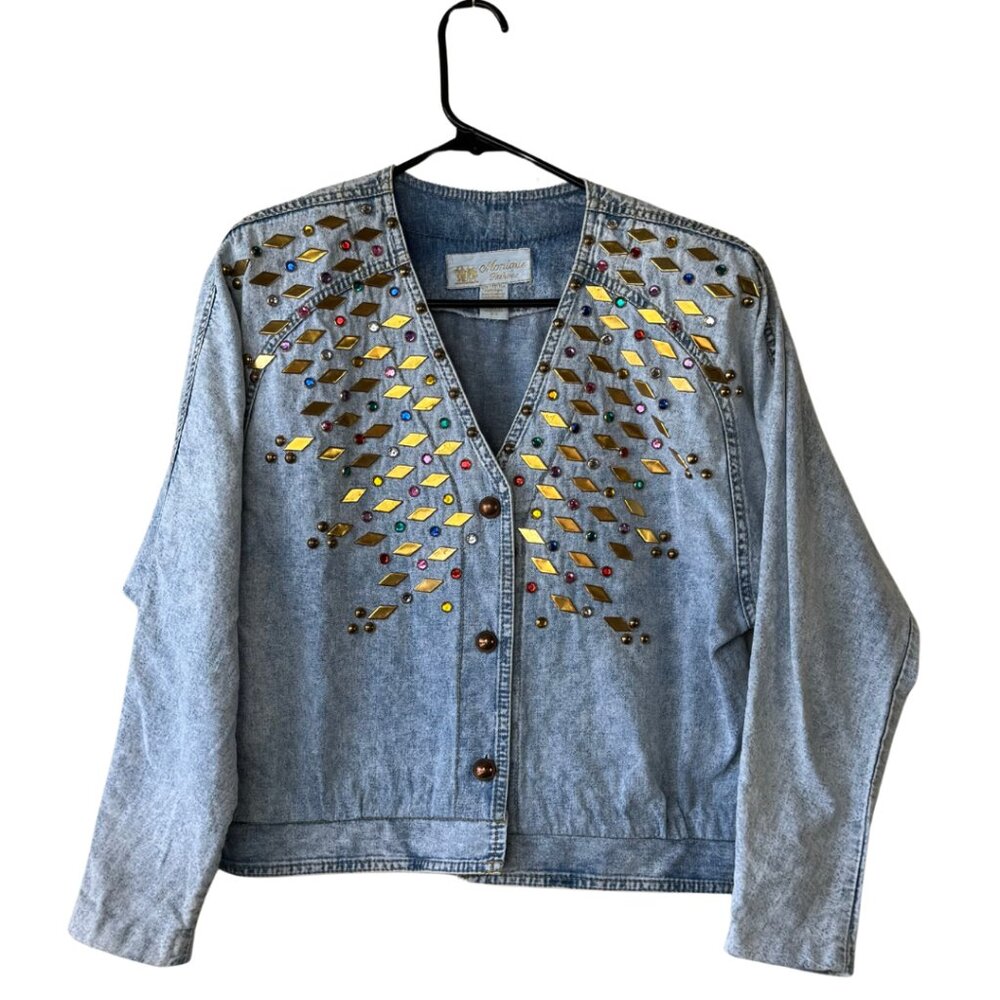 Monquie Fashions Vintage Womens Size 6 Blue Acid Wash Rhinestone Jacket